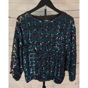 Vintage Sequin Top Three Flaggs Teal Purple Metallic Zig Zag 80s Disco Blouse